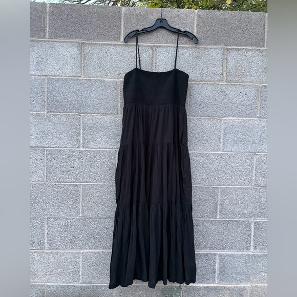 American Eagle XL Black Smocked Tiered Maxi Dress Lined Spaghetti Straps Pockets - Picture 4 of 15